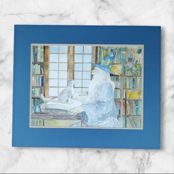 Wizard & Cats Original Watercolor Painting HAT - Picture 1 of 8